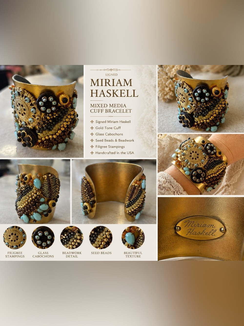 Signed Vintage Miriam Haskell Mixed Media Cuff Turquoise and Black Beads